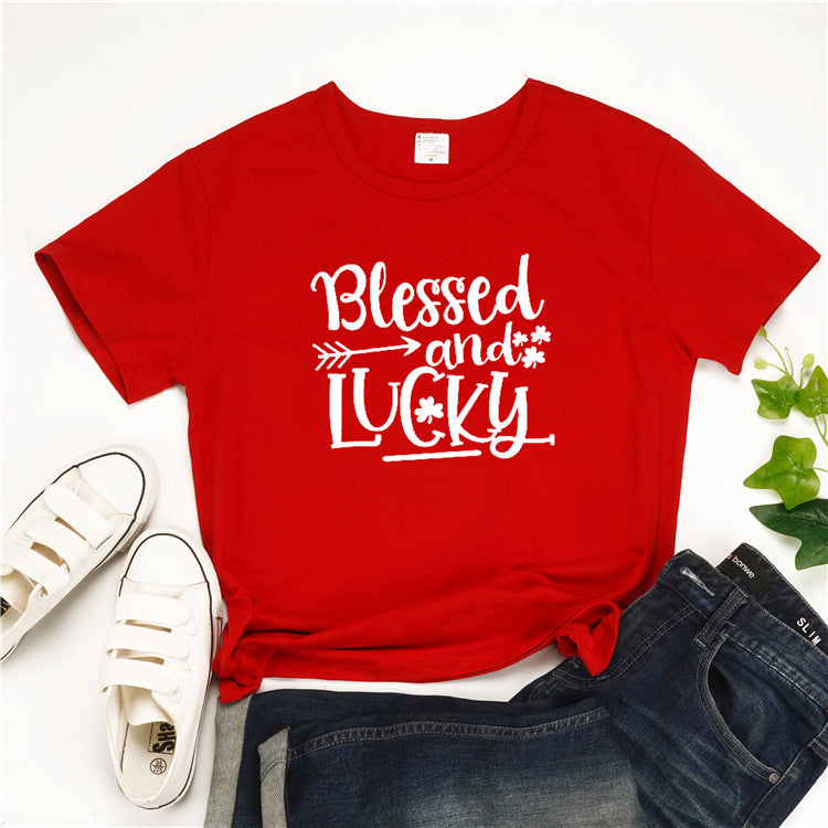 Blessed And Lucky Print Women Tops - fashionshoeshouse